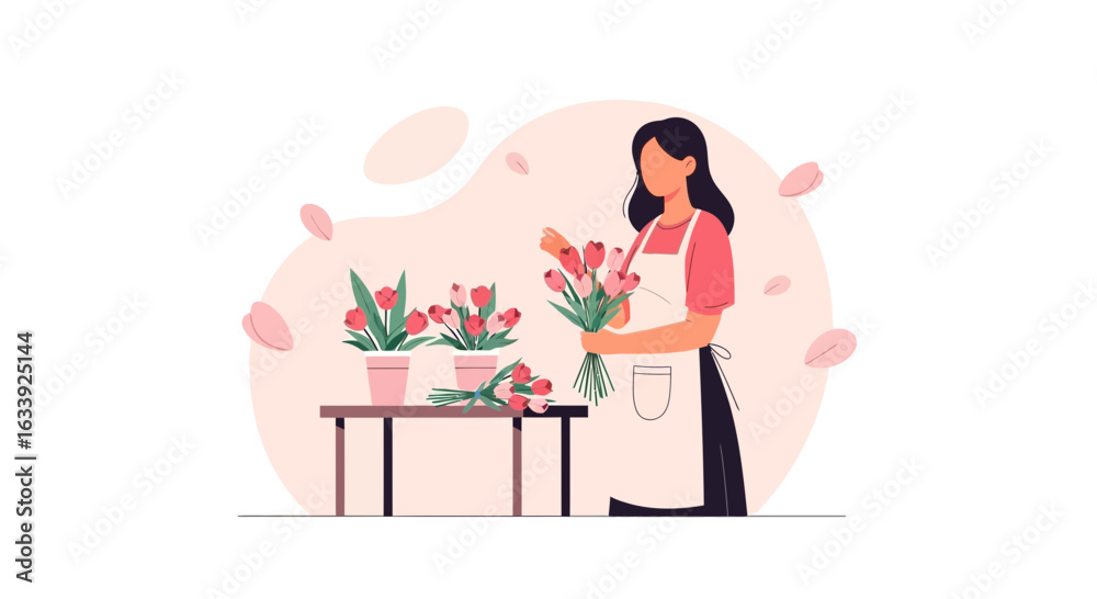 Woman Florist Creating Floral Arrangement With Tulips In Workshop Environment Woman Florist Creating Floral Arrangement With Tulips In Workshop Environment