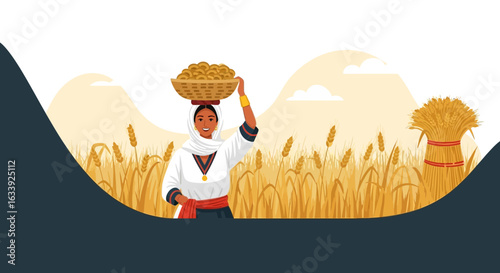 Woman Farmer Carrying Harvested Grain Basket In Agriculture Field Illustration
