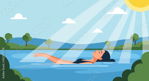 Woman Floating Peacefully On Water During Summer In A Serene Location