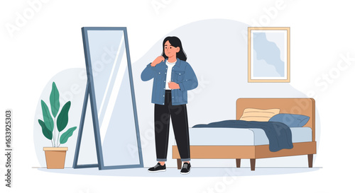 Woman Getting Ready Dressing Up in a Bedroom in Front of a Mirror