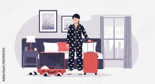 Woman Getting Ready For Vacation With Luggage And Pajamas In Hotel Room