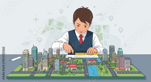 Young Architect Creates Cityscape Model With Ruler and Blueprint Design