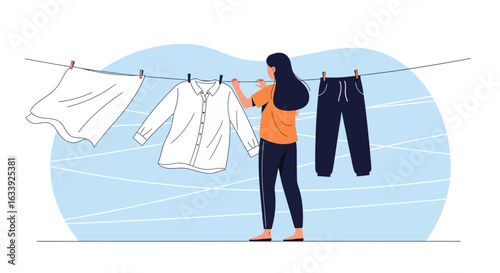 Woman Hangs Laundry Outdoors On Clothesline In Sunny Day Isolated Illustration