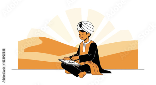 Young Arab Artist Illustrating Desert Scenery in Traditional Attire with Serene Expression