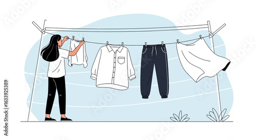 Woman Hanging Laundry On Clothesline For Drying Chore Routine Lifestyle