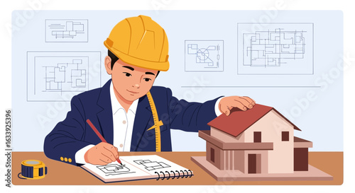 Young Architect Creating House Plans For Future Home Design Project