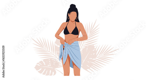 Woman In Bikini Tying A Sarong Against A Backdrop Of Palm Leaves