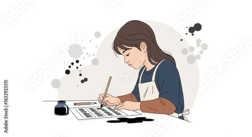 Young Artist Concentrating On Calligraphy With Ink And Brush Strokes Isolated