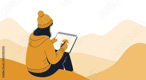 Young Artist Capturing Scenery In Sketchbook During Winter Trip To Mountains