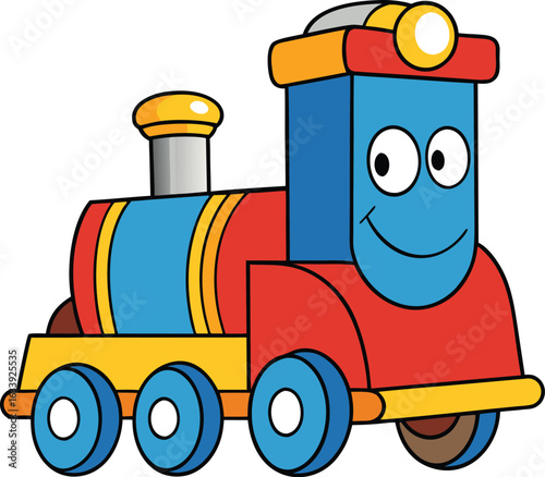 The yellow and red plastic toy truck, isolated on a white background, is transporting a colorful locomotive, a fun vehicle for a young child's imaginative play