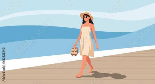 Woman In Dress Walking Along Wooden Pier With Sandals Sea Background