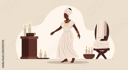 Woman In Ceremonial Dress Near Candles Performing Rituals In A Spiritual Setting