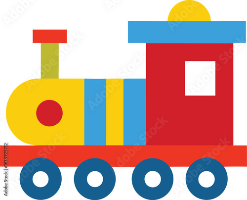 Vector cartoon illustration of toy wooden train vehicles, including a locomotive and ambulance, for children to play with