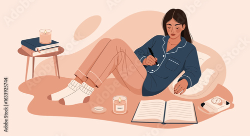 Woman In Pajamas Enjoys Relaxing Evening Writing In Her Journal At Home
