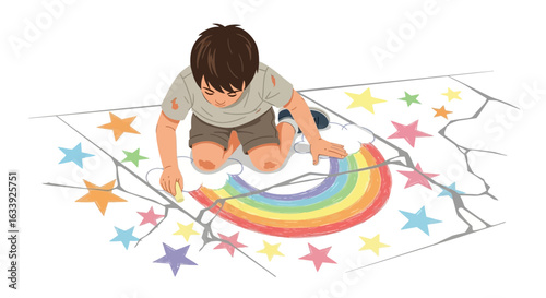 Young Artist Drawing A Rainbow On The Sidewalk With Chalk And Colorful Stars
