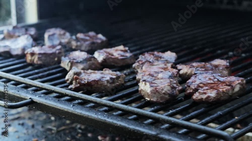 Wallpaper Mural Pieces of juicy meat are grilled on a barbecue grill in the smoke. Slow motion Torontodigital.ca