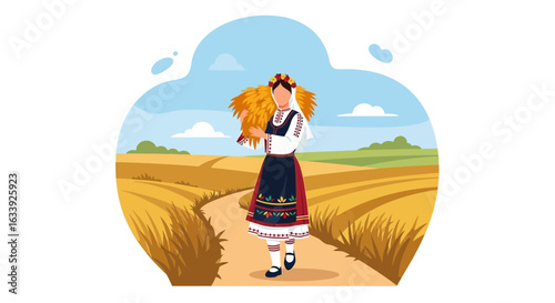 Woman In Traditional Clothing Walking Through Golden Wheat Field