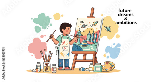 Young Artist Painting Futuristic Cityscape Imaginations on Canvas Art Studio