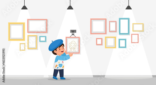 Young Artist Proudly Displaying His Artwork In The Gallery Exhibit