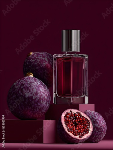 Elegant perfume bottle displayed among purple passion fruit slices on geometric pedestals for advertisement.