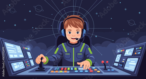 Young Astronaut Flying Spaceship On A Cosmic Journey Into The Starry Galaxy
