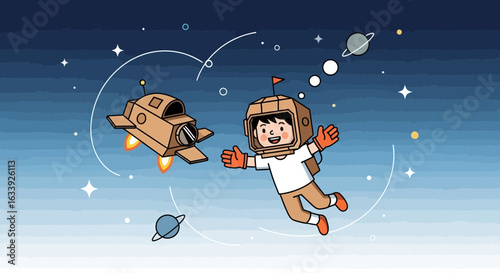 Young Astronaut And Spaceship Made Of Cardboard Box Flying In Starry Space