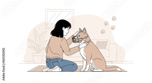 Woman Is Giving Affection To Her Dog Wearing A Muzzle Illustration