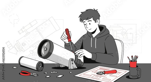 Young Astronomer Assembling Telescope For Star Gazing And Cosmic Exploration