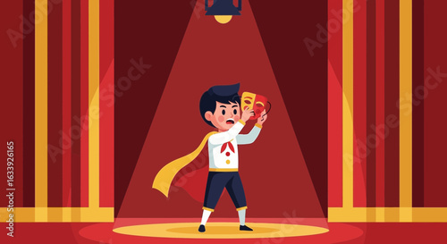 Young Aspiring Actor Holding Masks Performing on Stage Under Spotlight