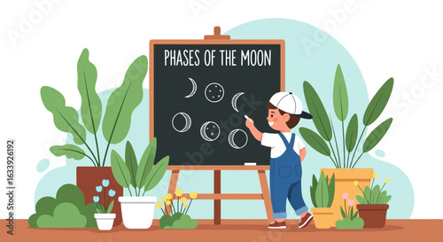 Young Astronomer Charting Lunar Phases On Blackboard At Home Decor