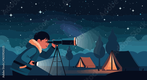 Young Astronomer Exploring The Cosmos On a Camping Trip Under Starry Sky