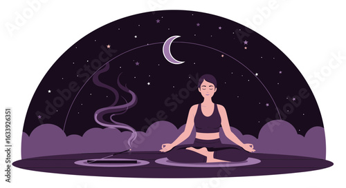 Woman Meditating Peacefully Underneath A Starry Night Sky With Incense