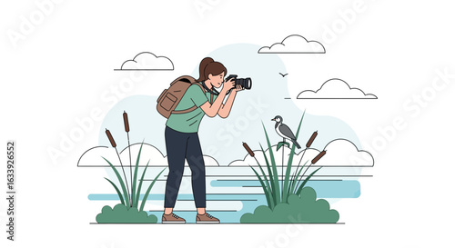 Woman Photographing a Bird in Nature, Outdoor Hobby and Ecotourism