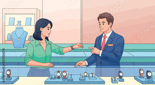 Customer Service in Jewelry Store: Woman Shopping for Watch with Salesperson Illustration