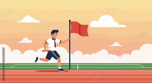 Young Athlete Reaching Finish Line in Track Race Against Dreamy Sky