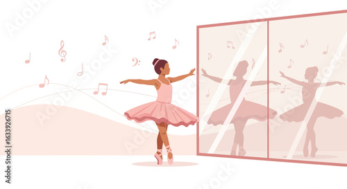 Young Ballerina Practices Graceful Moves in Front of The Mirror At Music School