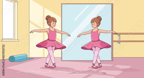 Young Ballerina Practicing Ballet Position In Dance Studio With Mirror
