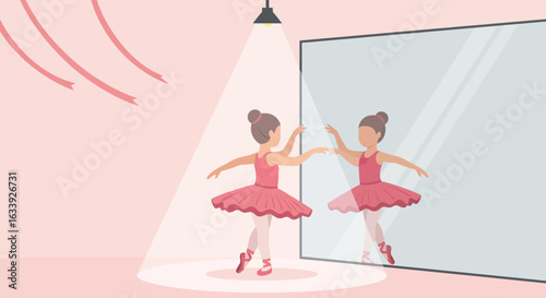 Young Ballerina Practicing Dance Moves in Studio in Front of the Mirror
