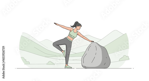 Woman Practicing Balance And Stability Exercises With A Rock In Nature