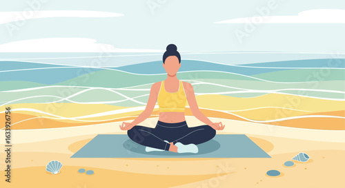 Woman Practicing Meditation On Beach For Relaxation And Mindfulness