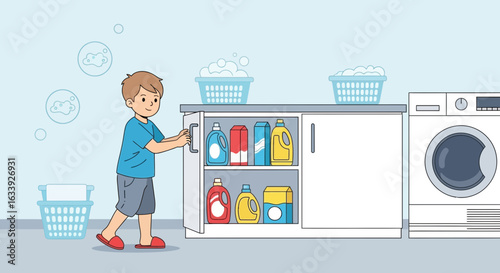 Young Boy Doing Laundry Opening Cabinet With Detergent Bottles At Home
