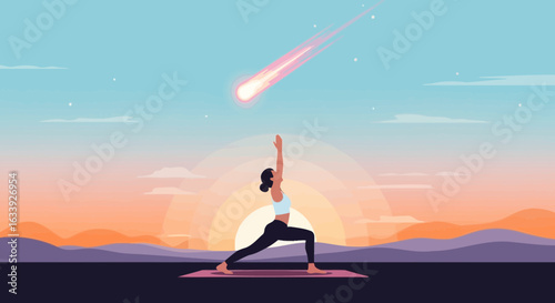 Woman Practicing Yoga Warrior Pose Under A Meteor Shower At Sunset