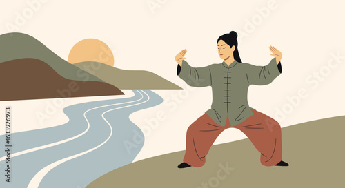 Woman Practicing Tai Chi Near Nature Scene By River And Mountains During Sunrise