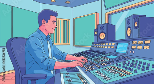 Professional Audio Engineer Working on Mixing Console in Modern Recording Studio