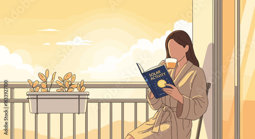 Woman Reading About Solar Activity While Enjoying Morning Tea on Balcony