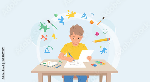 Young Boy Immersed In Creative Drawing At The Table Surrounded By Art Supplies