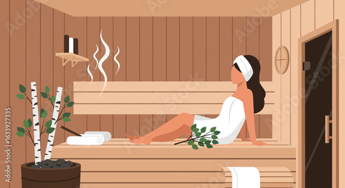 Woman Relaxing In Traditional Finnish Sauna Enjoying Wellness And Heat