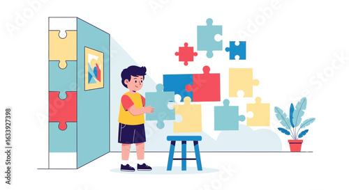 Young Boy Solving A Big Puzzle At Home Illustration Art Concept