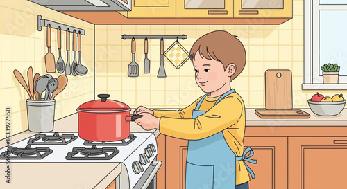 Young Chef Learns Culinary Skills By Cooking In A Home Kitchen Illustration