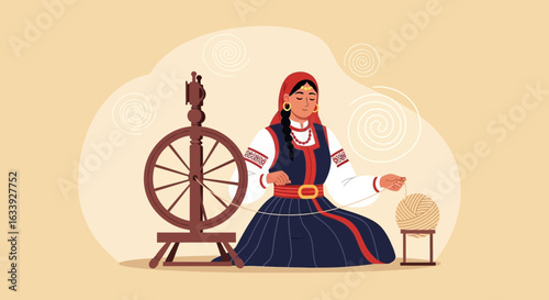 Woman Spinning Wool Wearing Traditional Clothes Next to Spinning Wheel